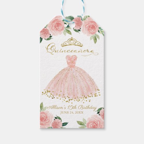 Quinceanera Party Blush Gown Pink Floral Favor Tag