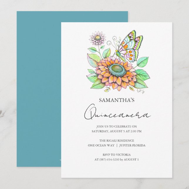 Quinceanera Party Butterfly Theme Invitation (Front/Back)