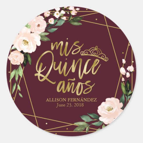 Quinceanera Party Gold Foil Blush Burgundy Floral  Classic Round Sticker