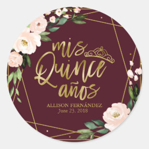 Quinceanera Party Gold Foil Blush Burgundy Floral Classic Round Sticker