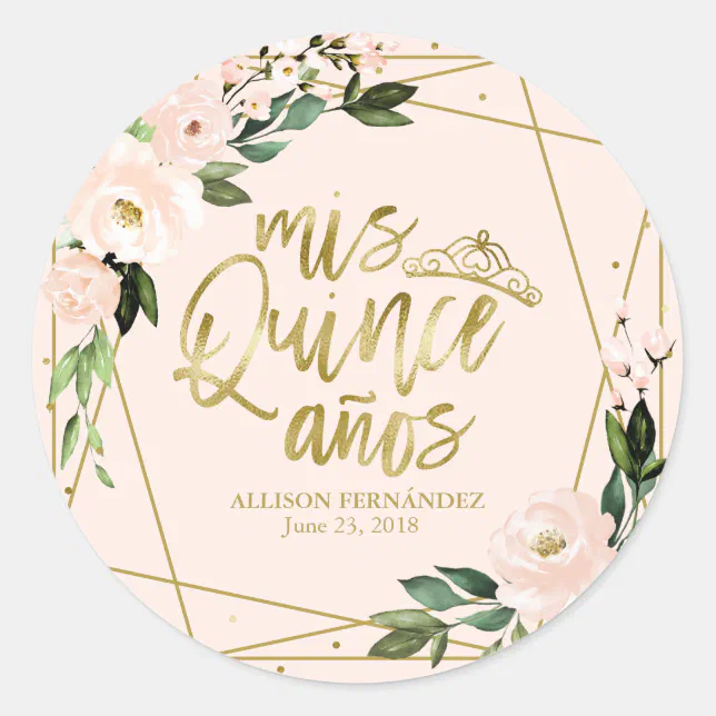 Quinceanera Party Gold Foil Blush Pink Floral Classic Round Sticker ...