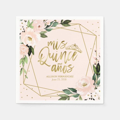 Quinceanera Party Gold Foil Blush Pink Floral Napkins