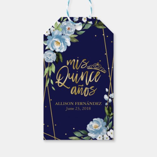 Quinceanera Party Gold Foil Dark Blue Floral  Gift Tags