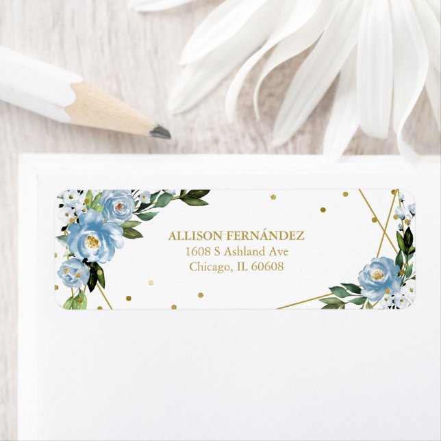 Quinceanera Party Gold Foil Dusty Blue Floral  Lab Label (Insitu)