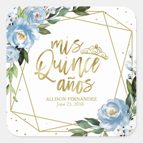 Quinceanera Party Gold Foil Dusty Blue Floral Square Sticker