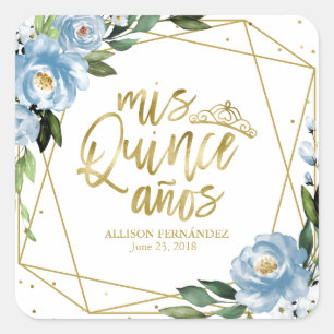 Quinceanera Party Gold Foil Dusty Blue Floral Square Sticker