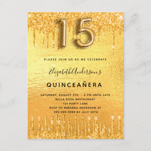 Quinceanera party gold glitter drips glam invitation postcard