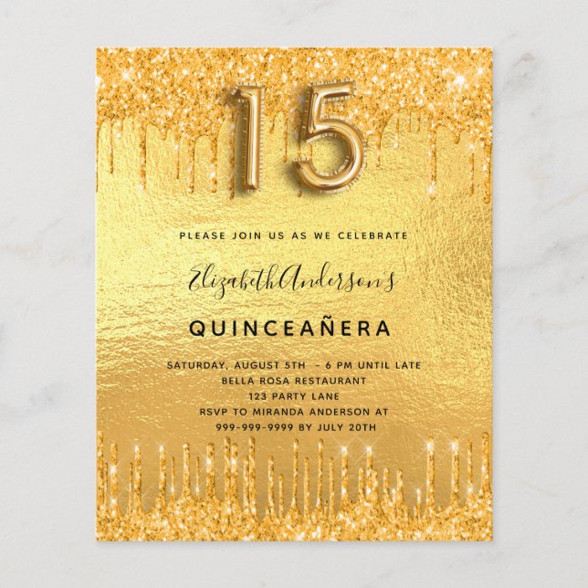Quinceanera party gold glitter invitation (Front)