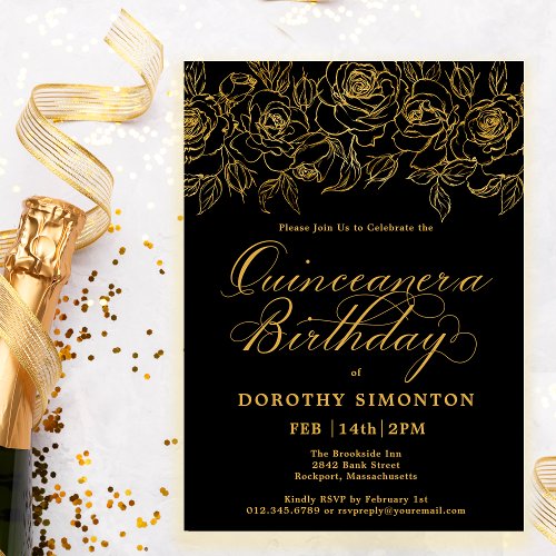 Quinceanera Party Gold Rose Floral Black Invitation