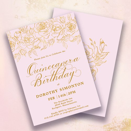 Quinceanera Party Gold Rose Floral Blush Pink Invitation