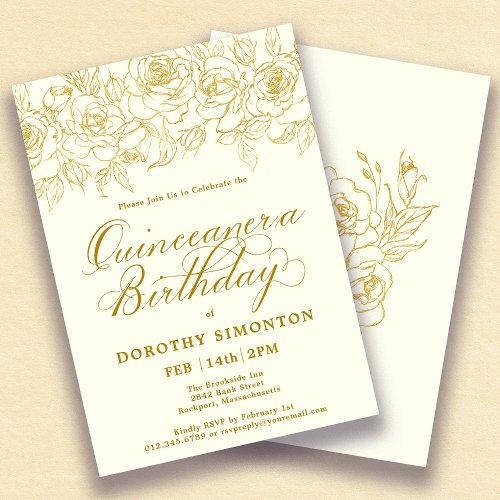 Quinceanera Party Gold Rose Floral Ivory White Invitation