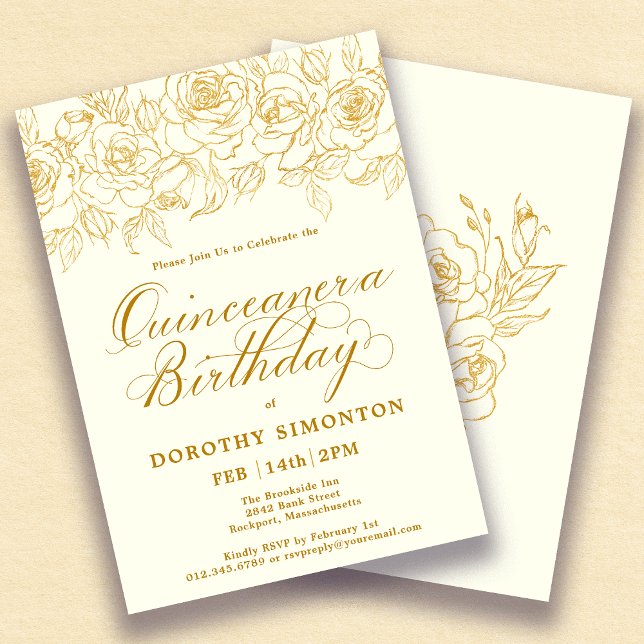 Quinceanera Party Gold Rose Floral Ivory White Invitation (Creator Uploaded)