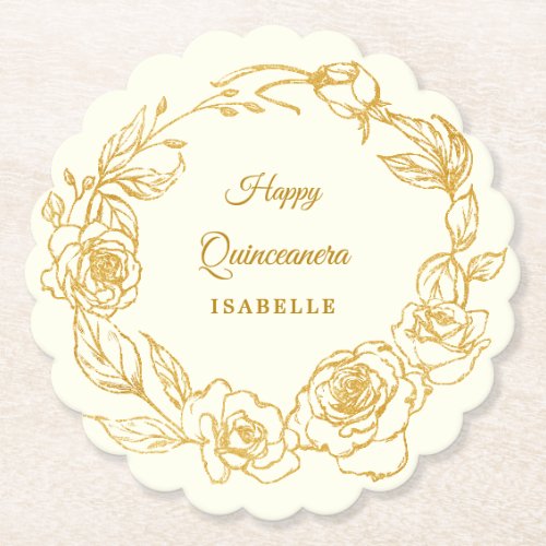 Quinceanera Party Gold Rose Ivory White Paper Coaster