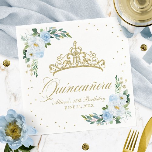 Quinceanera Party Gold Tiara Baby Blue Floral Napkins