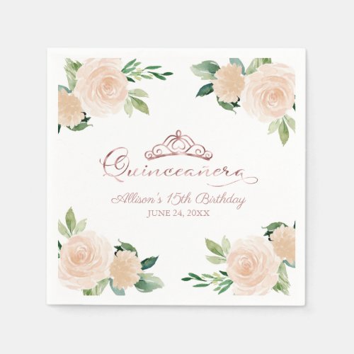 Quinceanera Party Gold Tiara Blush Pink Floral Nap Napkins