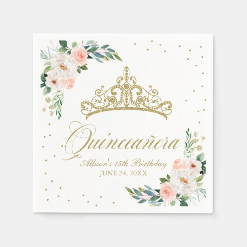 Quinceanera Party Gold Tiara Blush Pink Floral Napkins