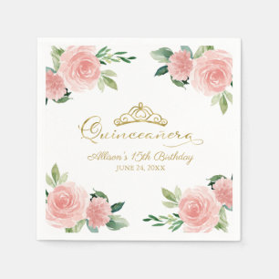 Quinceanera Party Gold Tiara Blush Pink Floral Napkins