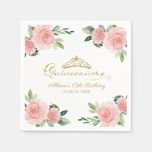 Quinceanera Party Gold Tiara Blush Pink Floral Napkins