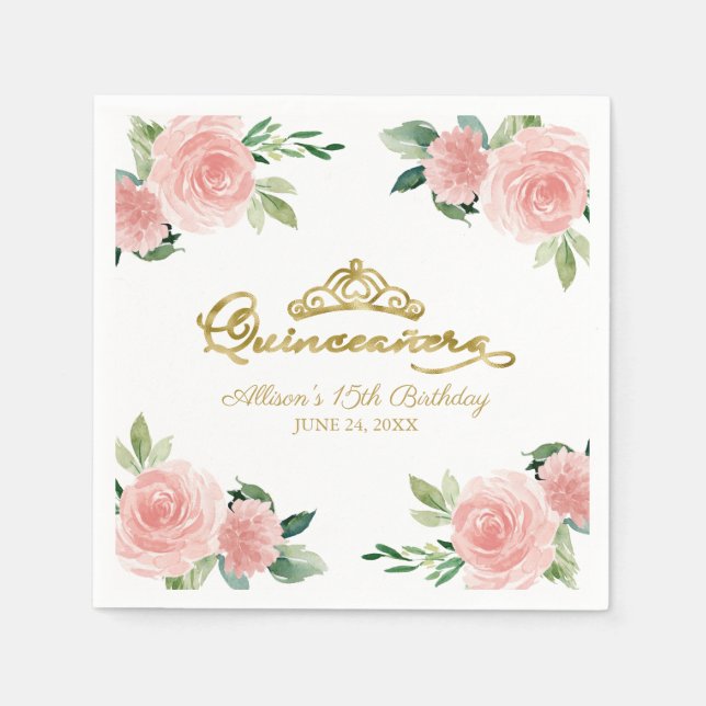 Quinceanera Party Gold Tiara Blush Pink Floral Napkins (Front)