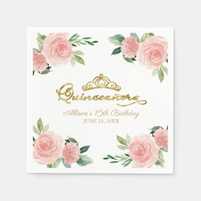 Quinceanera Party Gold Tiara Blush Pink Floral Napkins | Zazzle
