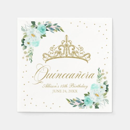 Quinceanera Party Gold Tiara Blush Teal Floral Napkins