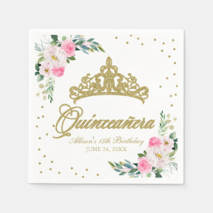 Quinceanera Party Gold Tiara Hot Pink Floral Napkins