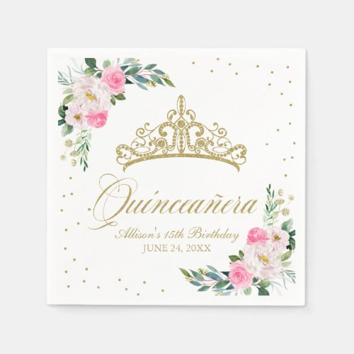 Quinceanera Party Gold Tiara Hot Pink Floral Napkins