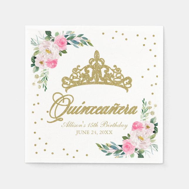 Quinceanera Party Gold Tiara Hot Pink Floral Napkins (Front)