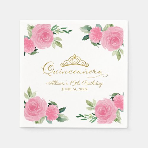 Quinceanera Party Gold Tiara Hot Pink Floral  Napkins