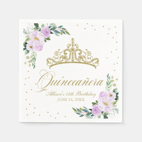 Quinceanera Party Gold Tiara Purple Lilac Floral Napkins