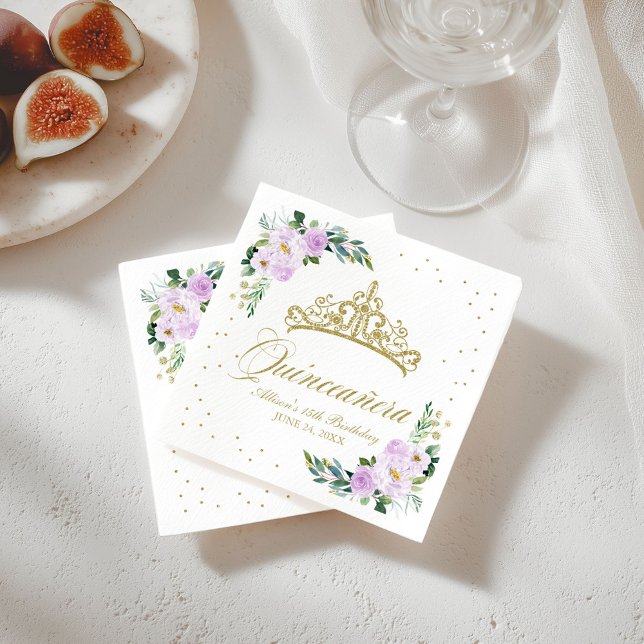 Quinceanera Party Gold Tiara Purple Lilac Floral Napkins (Creator Uploaded)