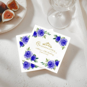 Quinceanera Party Gold Tiara Royal Blue Floral Napkins