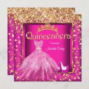 Quinceañera Party Hot Pink Dress High Heels Gold Invitation