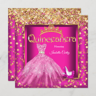 Quinceañera Party Hot Pink Dress High Heels Gold Invitation