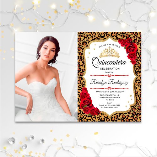 Quinceanera Party _ Leopard Print Red White Photo Invitation