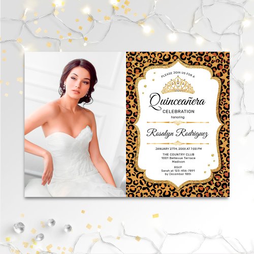Quinceanera Party _ Leopard Print White Photo Invitation
