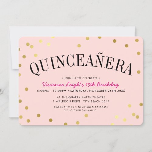 QUINCEAERA PARTY luxe gold confetti spots pink Invitation