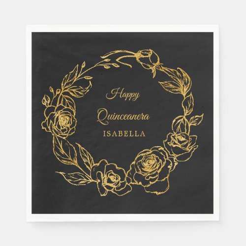 Quinceanera Party Luxe Gold Rose Black Cocktail Napkins