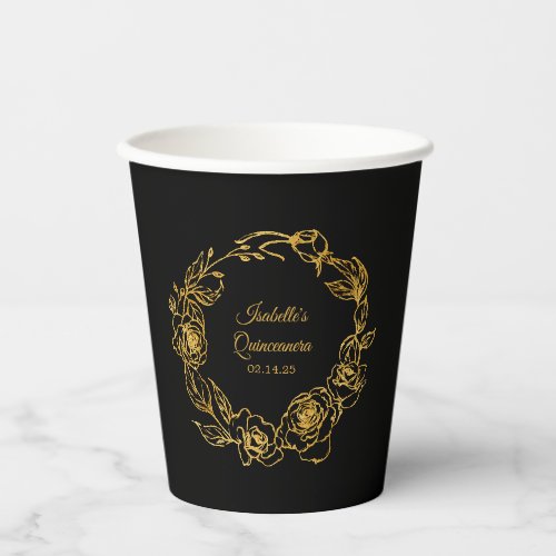 Quinceanera Party Luxe Gold Rose Black Paper Cups