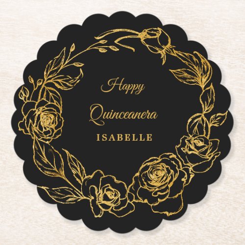 Quinceanera Party Luxe Gold Rose Floral Black Paper Coaster