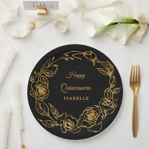 Quinceanera Party Luxe Gold Rose Floral Black Paper Plates