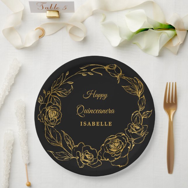 Quinceanera Party Luxe Gold Rose Floral Black Paper Plates (Wedding)