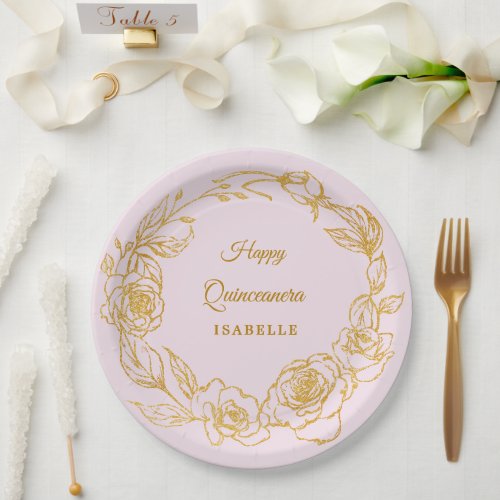 Quinceanera Party Luxe Gold Rose Floral Blush Pink Paper Plates