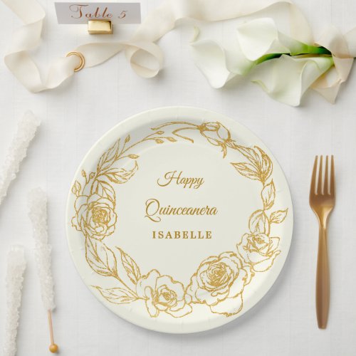 Quinceanera Party Luxe Gold Rose Floral Ivory Paper Plates