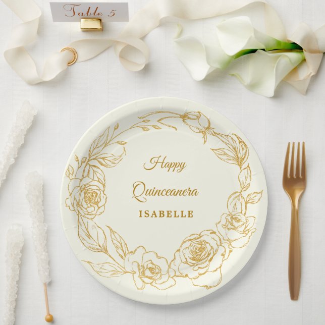 Quinceanera Party Luxe Gold Rose Floral Ivory Paper Plates (Wedding)