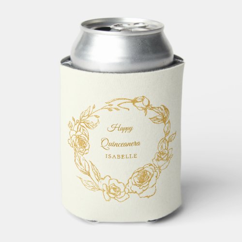 Quinceanera Party Luxe Gold Rose Ivory White Can Cooler