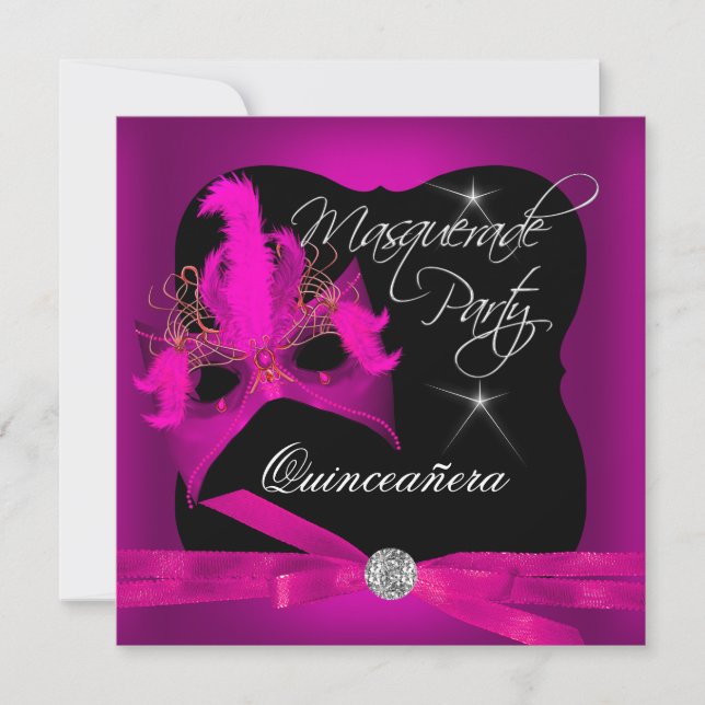 Quinceanera Party Masquerade Pink Black Invitation (Front)