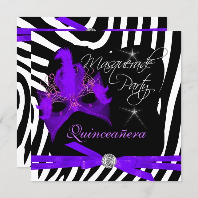 Quinceanera Party Masquerade Purple Zebra Invitation (Front/Back)