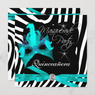 Quinceanera Party Masquerade Teal Zebra Invitation