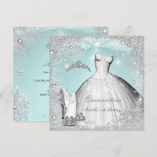 Quinceanera Party Mint Blue Silver Snowflakes Invitation (Front/Back)